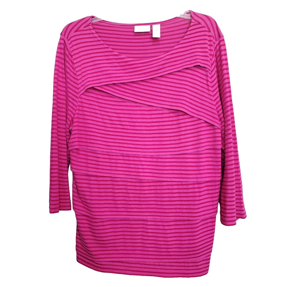 Chicoโs Pink Striped Tiered Panel Knit Top Size 2 Large